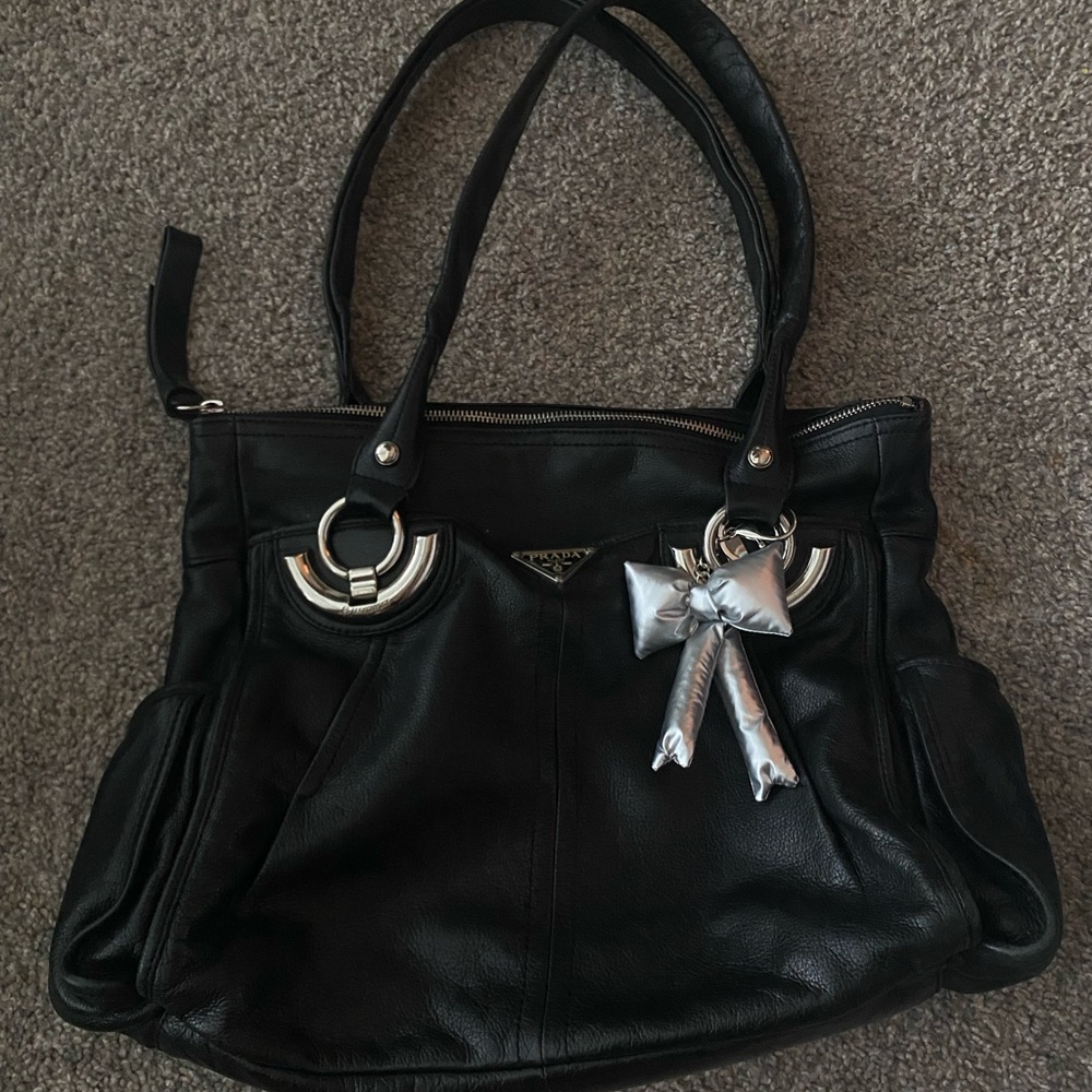 Prada Black Leather Tote with Silver Details